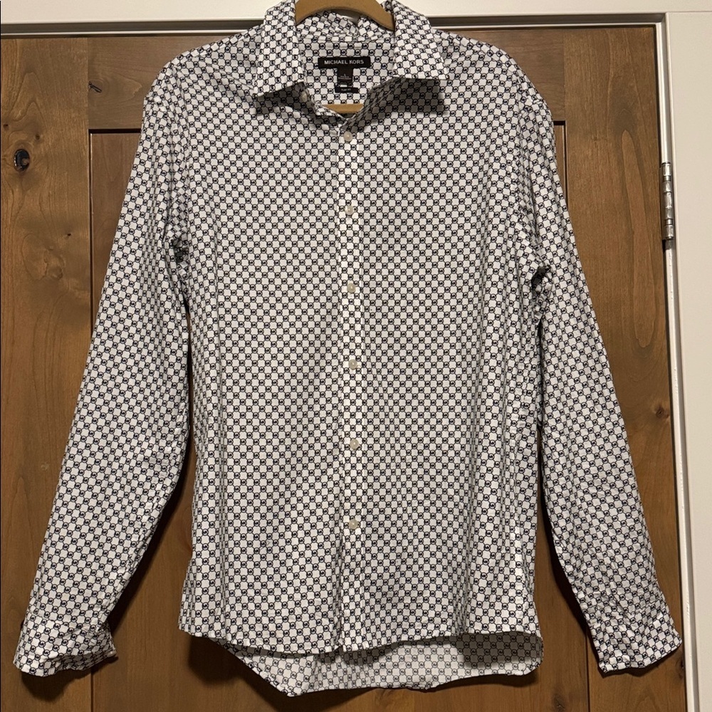 Michael Kors White/Black Graphic Logo Shirt Mens L Slim Fit long sleeve casual
